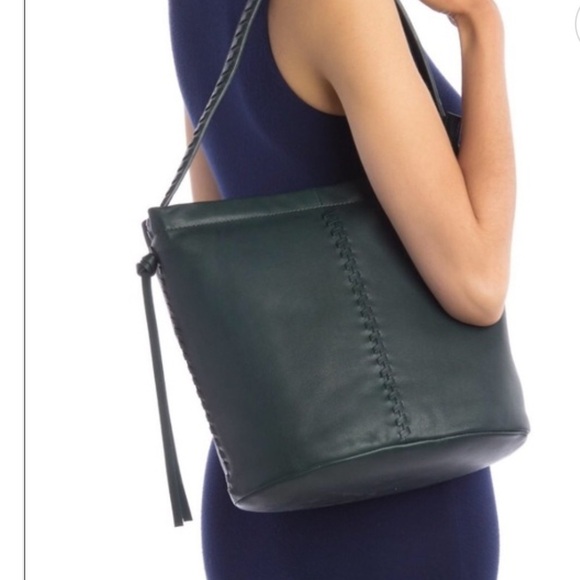 Kooba Limon Leather Hobo Shoulder Bag Braided Boho Bucket Forest Green - Picture 2 of 13